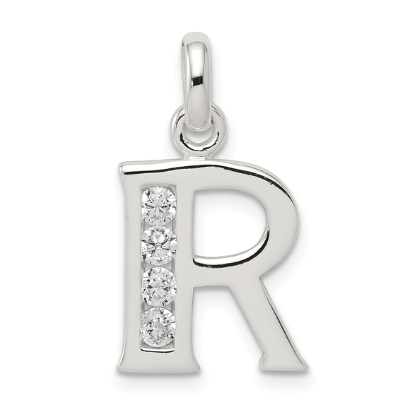 Sterling Silver White CZ Letter R Initial Pendant - Picture 1 of 4